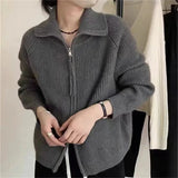 Zingj Zipper Autumn Winter Collar Solid Color Lazy Wind Wear Sweater Coat Jacket Korean Version Soft Waxy Women-Outfit