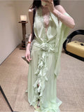 French Holiday Style V-Neck Hanging Neck Wood Ear Dress Chiffon Three-Dimensional Flowers Bare Back Sexy Evening Dress