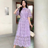 Retro High-End Squealing Hook Lace Dress Women's Summer Waist Thin Temperament A-Word Fairy