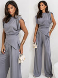 Faitry Face Solid-Colored Collared Folded Fork Vest Top Broad Leg Trousers Set