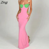 Metal Shell Spaghetti Strap Women Dress Orange Patchwork Hollow Out Maxi Dress Female Skinny Elegant Party Clubwear