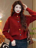 Goods Color Single Row Buckle Long-Sleeved Top Women Soft Glutinous Comfortable Warm Autumn And Winter Thin Thick Sweater