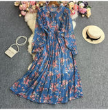And Autumn Gentle Wind Korean Version Of Sweet Round Collar Lote Side To Receive Waist Thin A Word Broken Flower Chiffon Dress