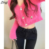 Winter Fur Knitted Cardigan Women Pure Color Button Long Sleeve Y2k Crop Tops Office Lady Chic Korean Fashion Sweater