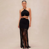 Summer Women's New Hollow Open Waist Design Hanging Neck Knitted Tuxedry Dress Romantic Sweet