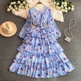 Autumn New Long-Sleeved Print Chiffon Dress Sweet Temperament Holiday Waist Thin Cake Dress Dress