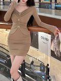 Temperament Solid Color Sexy Bag Ass Dress Dress In Autumn 2025 New High-End Sense V-Neck