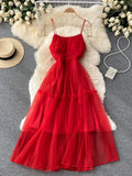 Women Sexy Mesh Spaghetti Strap Long Dress Summer Orange/Purple/Blue/Pink Ruffle A-Line Beach Robe Female Elegant Party