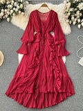 Chiffon Pleated Long Dress Women Vintage V-Neck Flare Sleeve Draped Ruffle Vestido Female Maxi Robe Spring