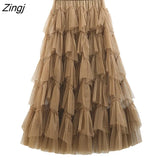Sweet Multilevel Tulle Long Skirt Women Elastic High Waist A-line Pleated Mesh Skirt Gothic Lolita Female Jupe