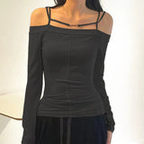 Zingj 2024 New Women's Long Sleeve One-Line Shoulder Sexy Top Casual Thin
