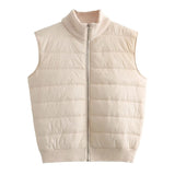 New Women's Versatile Striped Standing Collar Zipper Sleeveless Padded Jacket Patchwork Knit