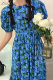 Fashion Puff Sleeve Floral Dress Korea New Casual Office Ladies Womens Cotton Print Dresses Pullover Flower Long