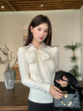 Xixi 2025 Autumn White Standard Korean Version Of Elegant Temperament Solid Color Tie With Thin Knitted Shirt Top Women