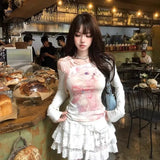 And Spicy Cat Y2k Word Collar Long-Sleeved T-Shirt Girl Spring And Autumn Shoulder Lace Splicing Bottom Shirt