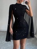 Women's Round-Neck Pitted Pearl Chiffon Cape-Topped Dress