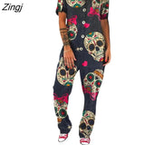 Women Streetwear Loose Jumpsuit Fashion Button-down Skull Print V-neck Short Sleeve Overalls for Female