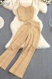 Sexy Striped 2Pcs Set Elegant Single Breasted Strap Camis Tops + High Waist Pants Casual Two Pieces Suits Female New