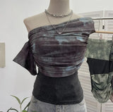 Shooting Can Wear Two-Wear Art Dizzy Net Yarn Spliced A Word Shoulder T-Shirt To Repair The Chest Short Babes Top