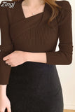 Women Wrap Slim Bodycon Dress Diagonal Collar Long Sleeve Sheath Knitwear Office Midi Dresses Female Autumn Winter