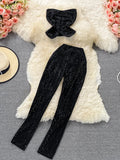 Women Black/White Diamonds Two Piece Set Party Slash Neck Off Shoulder Camis Tops + High Waist Pants Female Suit Autumn