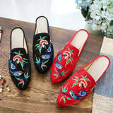 Zingj Two Birds, Embroidered Ink Painting, Bright Silk Cloth, Pointed Women's Single Shoes, Casual Walking