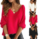 Autumn New Imitation Marinose Sweater Female Solid Color Long-Sleeved V-Neck Loose Large-Size
