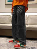 Men's Washed Checkered Patchwork Jeans- Outfit