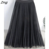 2022 Spring Summer Korean Fashion 3 Layers Blue Mesh Tulle Women Midi Long High Waist Pleated A Line Skirt