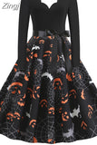 Women Christmas Dress Winter Long Sleeve V Neck Pumpkin Print Halloween Costume Party Dresses Casual Vintage S~3XL