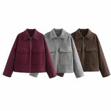 Women's Explosive Retro Fashion Simple Collar Big Pocket Zipper Wool