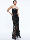 INS Solid Color PU Leather Fashion Temperament Body-Meared Lace Explosion Sexy Mid-Long Dress Dress