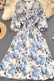 Women Flower Printed Midi Dress Spring Autumn Elegant V-Neck Slim Vestidos Casual High Waist A-Line Bohemian Robe