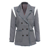 New Personality Tuxedo Side Side Shoulder Buckle Suit Broken Sleeve Ash Spliced Long-Sleeved Coat