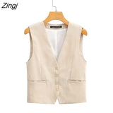 Women Fashion V Neck Single Breasted Pockets Slim Vest Jacket Ladies Sleeveless Casual Business WaistCoat Tops