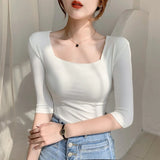 Sleeve Square Collar Slim Cotton T-shirt Tee Girls Solid Summer Basic High Elasticity Tshirts Crop Tops For