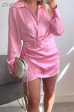 Pink Satin Dress Woman Wrap Short Dresses For Women 2023 Long Sleeve Mini White Dress Lady Fashion Elegant Party