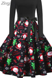 Women Christmas Dress Vintage Robe Swing Elegant Party Xmas Long Sleeve Casual Print Black New Year