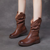Boots Pile Boots Top Layer Of Kraft Mid-Sleet Boots Women Flat Bottom Soft Skin Autumn Winter Leather Martin Boots Horse Rider