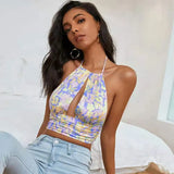 Y2K Bohemian Floral Print Crop Top Summer Beach Style Sexy V-neck Backless Halter Cami Top Women Aesthetic Streetwear 211-0-Outfit