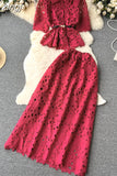 Women Hollow Out Two Piece Set Vintage Turn-Down Collar Short Sleeve Tops + High Waist Long Skirt 2Pcs Suit New