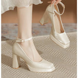 Waterproof High Heels Female Thick With Small Mary Square Head Bride Shoes Wedding Shoes Wedding Single Shoes Female Spring And