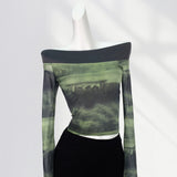Zingj Single Double One Word Shoulder Hot Girl Jacket Chic Beautiful Small Shirt Green Dizzy Dye Horn Sleeve Mesh Long Sleeve