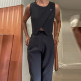 Zingj Summer New Solid Color Round Collar Button Top Temperament Straight Pants Suit Women-Outfit