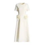 A-Word Long Dress 2025 Spring New Fashion Temperament Round-Neck Waist Thin Flowers Splicing Design Design Dress Dress