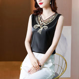 Fashion Top Woman V-neck Tank Tops Printed Vintage Ladies Crop top Female Women's T-shirt Satin Lace Summer Woman