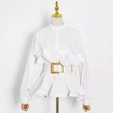 Zingj All-Match Shirt Female Spring 2024 New Standing Collar Long Sleeve Pleated Flounces Careful Machine Lace