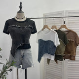 Shooting Denim Splicing Mesh Yarn Short-Sleeved T-Shirt Summer Dress Irregularly Short High-Waist Repair Body Coat