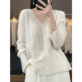 2025 New Cardigan Women's V-Necked Squints Sweater Jacket Loose Pearl Buckle Knitting