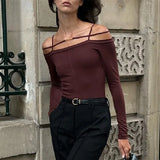 Zingj 2024 New Women's Long Sleeve One-Line Shoulder Sexy Top Casual Thin